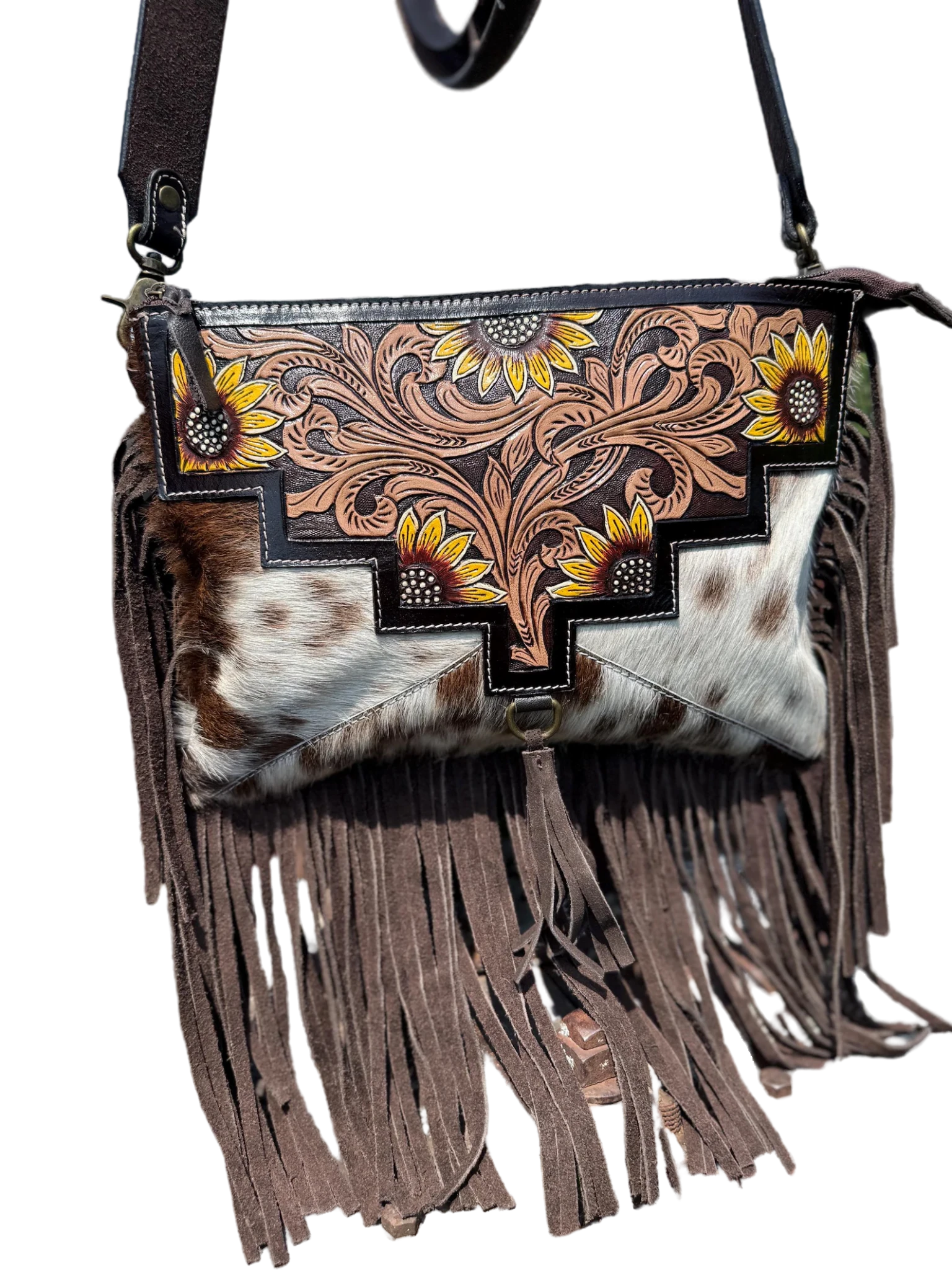 Genuine Western Cowhide Leather Crossbody Purse and Clutch with Dark Sunflower painted.